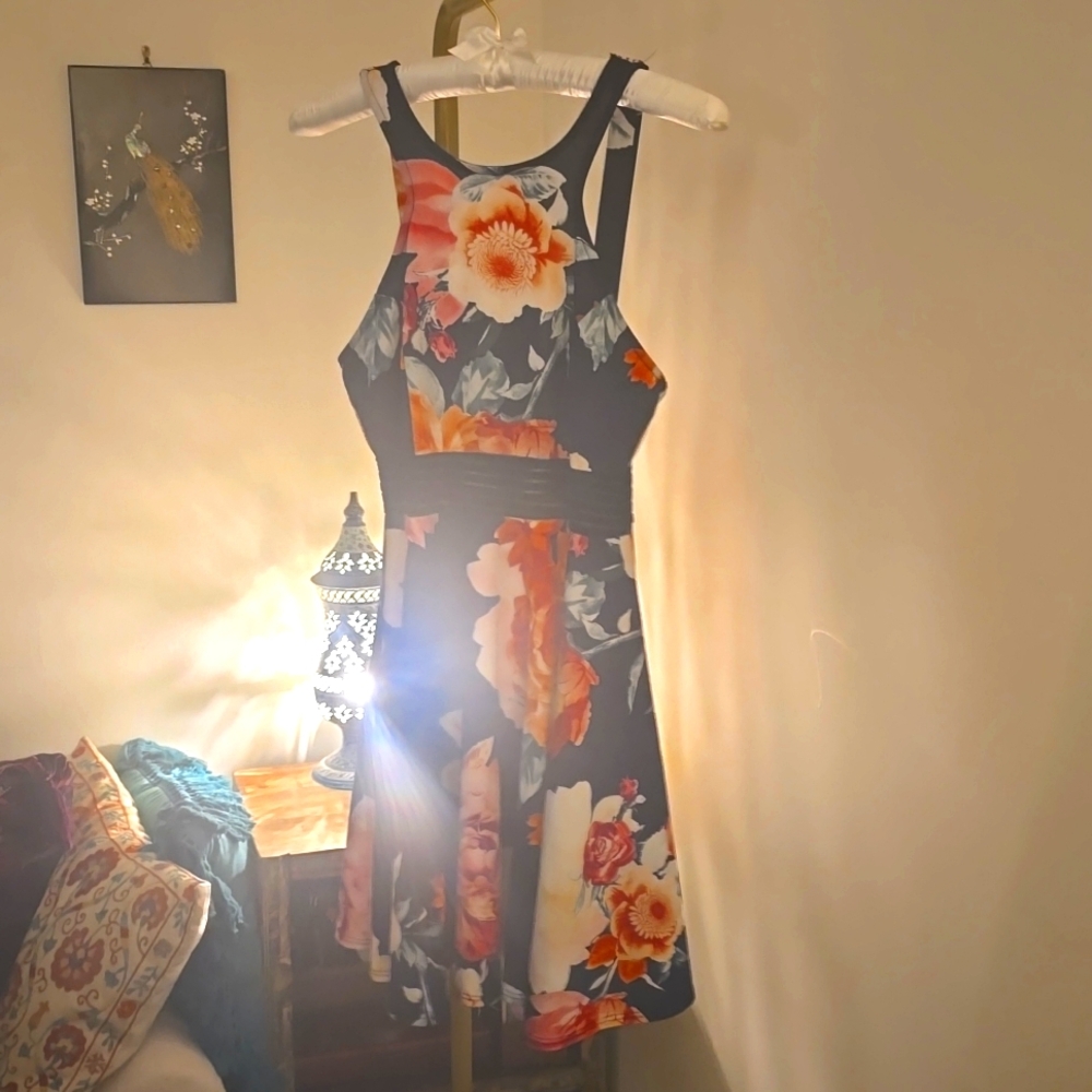 Cute floral on navy midi dress, velvet mesh bodice